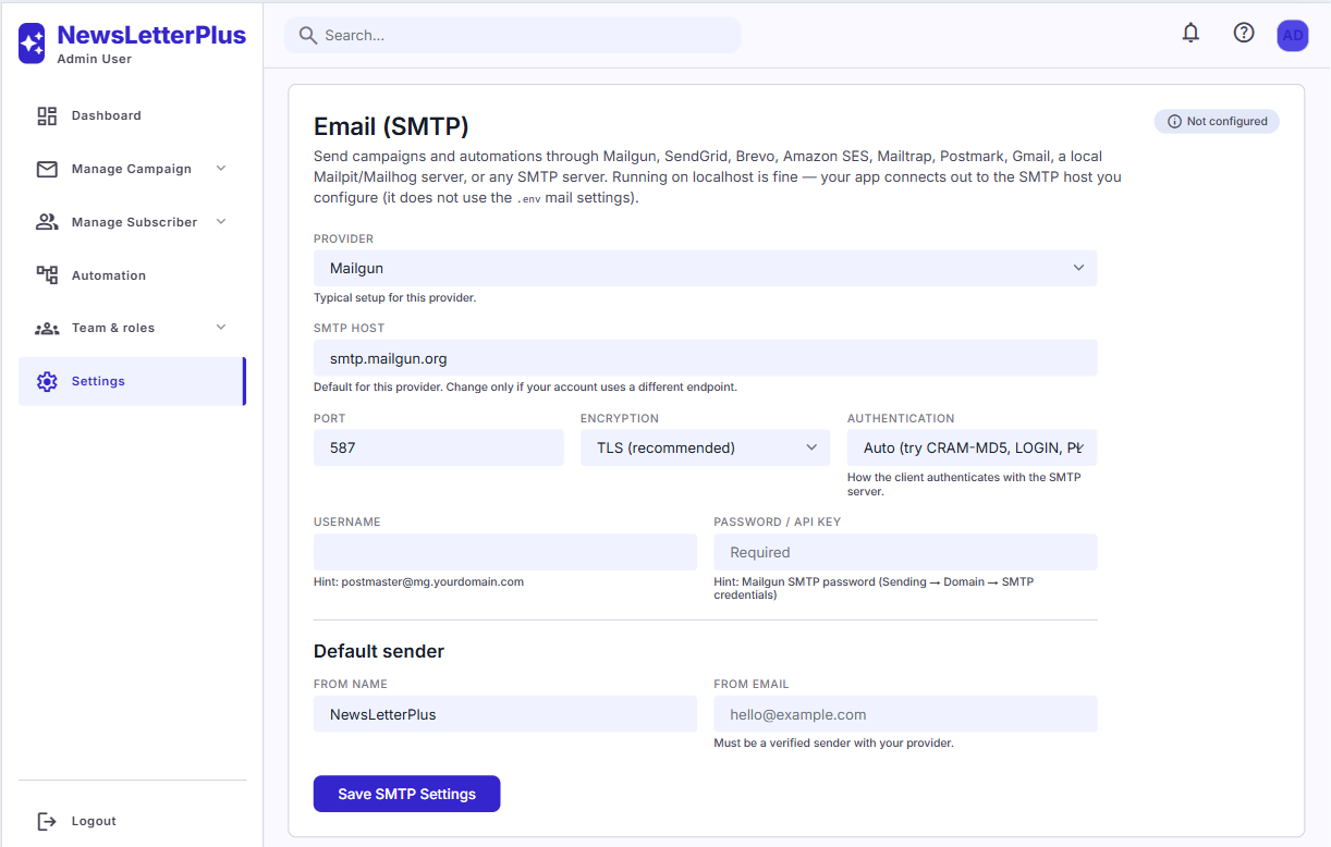 SMTP settings with Mailgun host, port, encryption, and default sender